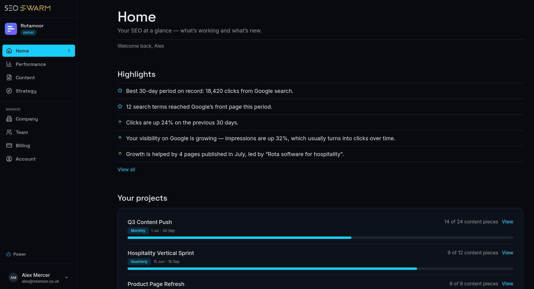 The SEOSwarm platform Home dashboard — highlights, live projects and recently published pages